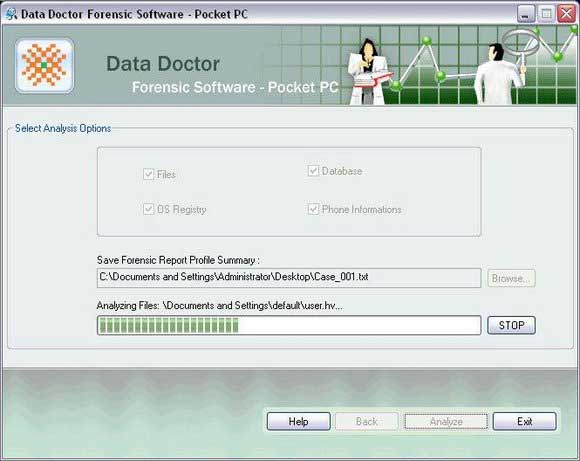 Screenshot of PDA Forensics Tool